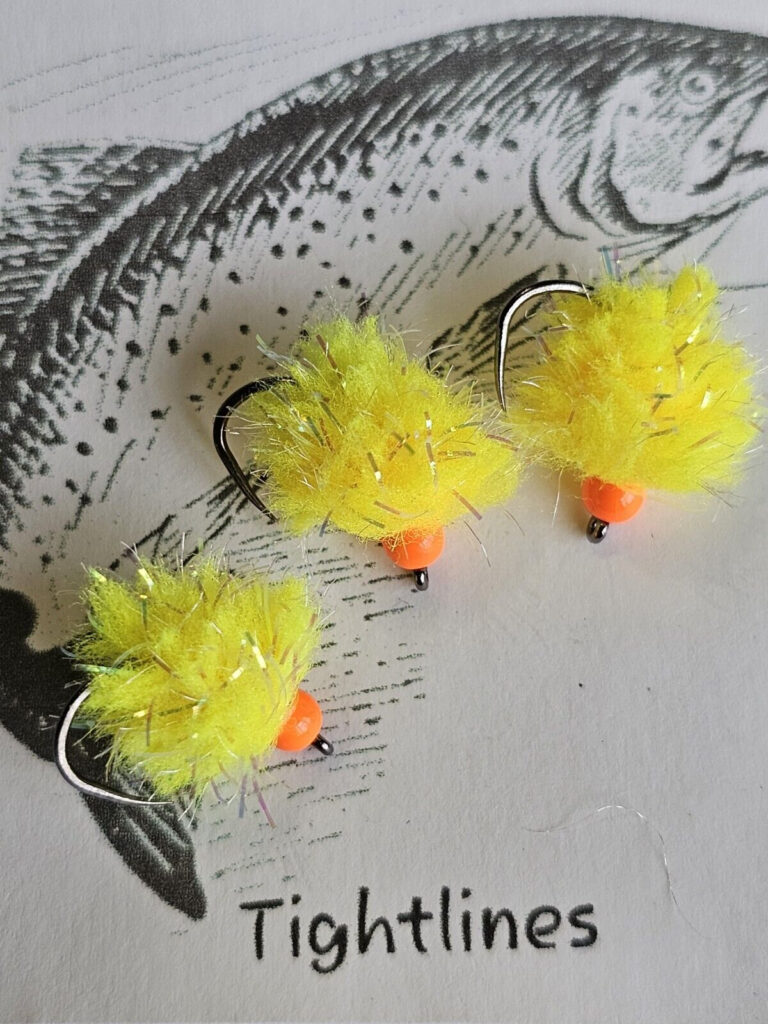 3 X SUNBURST EGGSTASY GLISTENING EGG FLIES ORANGE BEAD SIZE 10 Barbless 