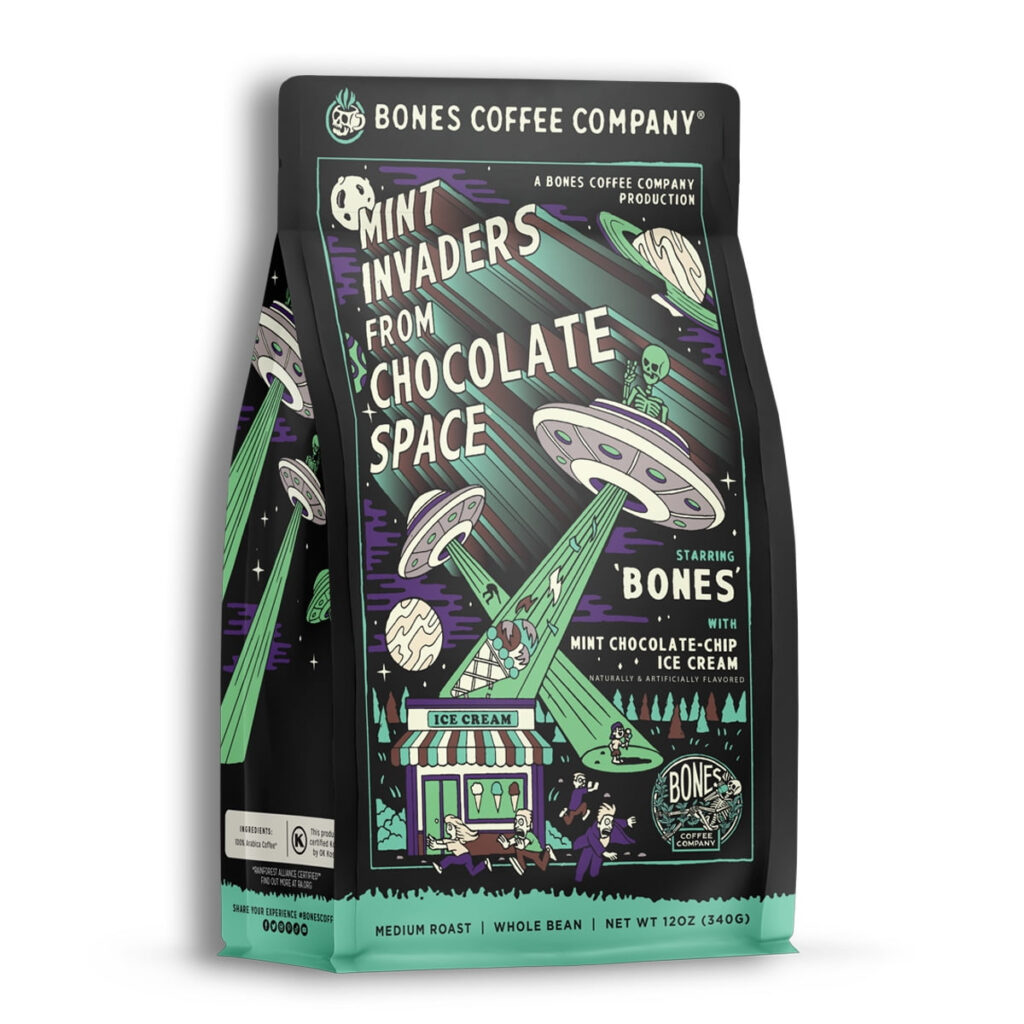 Bones Coffee Medium Roast Whole Bean Coffee 12 Oz Mint Invaders Mint 