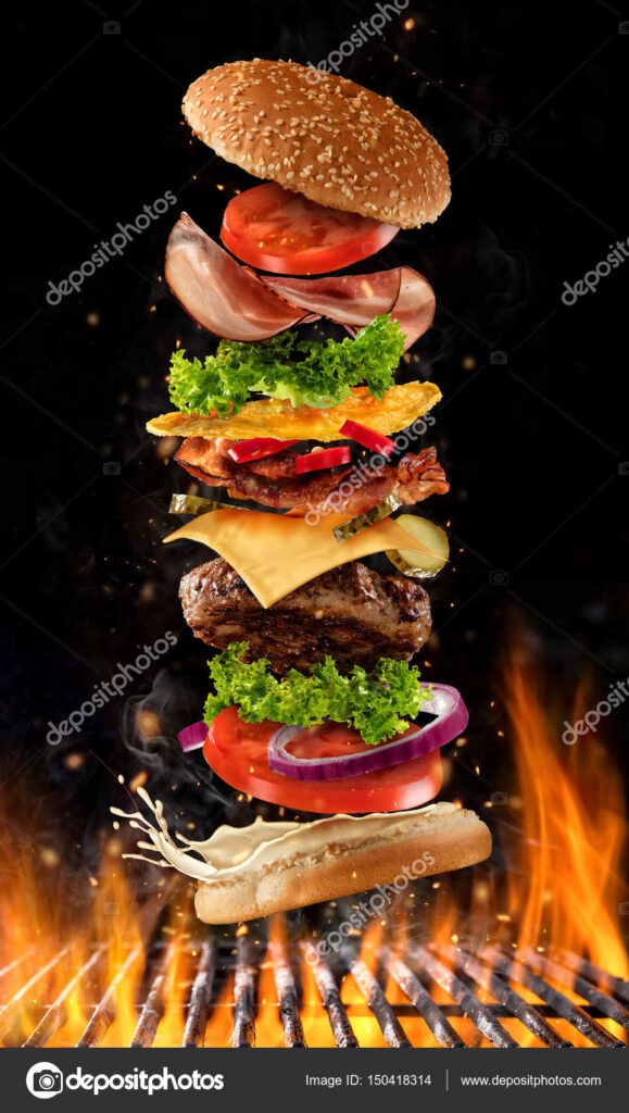 Flying Burger Ingredients Above Grill Stock Photo By jag cz 150418314