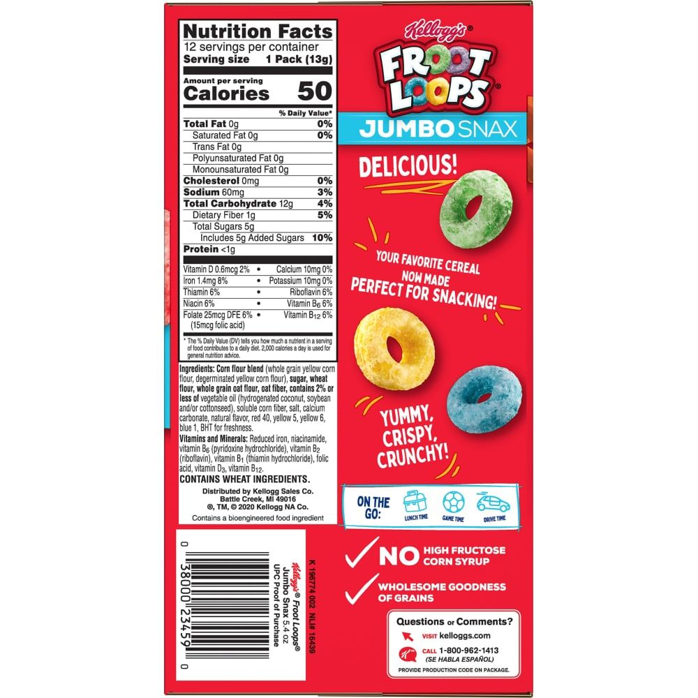 Kellogg S Froot Loops Jumbo Snax Original Cereal Snacks 12 Count 0 45 