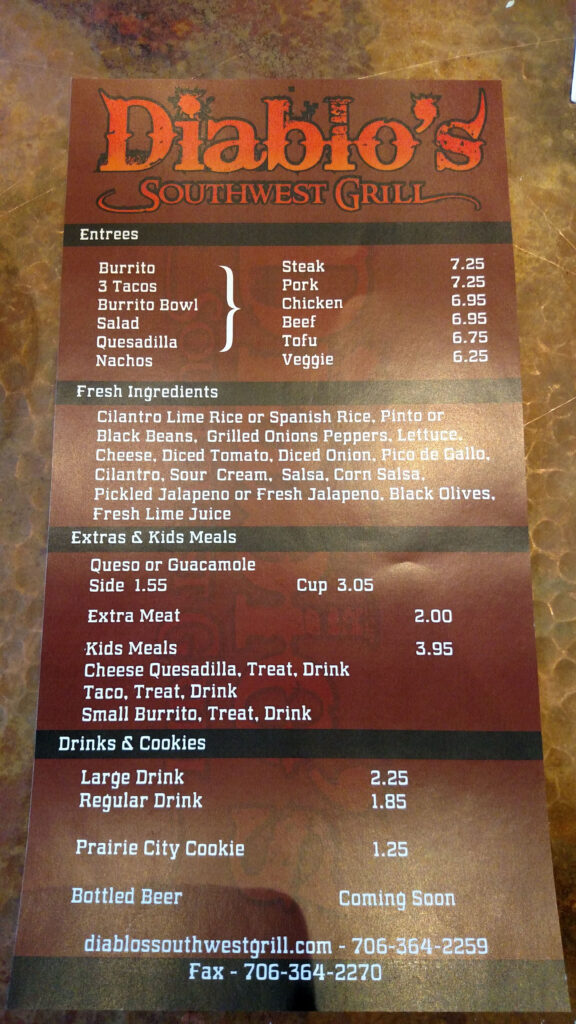 Menu At Diablo s Southwest Grill Restaurant Augusta 3668 Wheeler Rd 