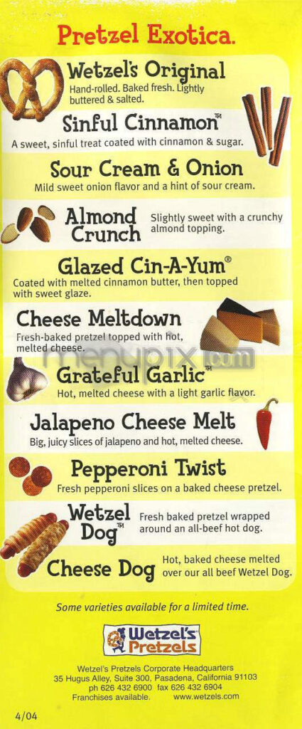 Online Menu Of Wetzel s Pretzels Richmond CA