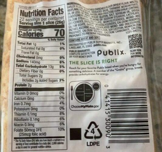 Publix Enriched White Large Bread 20 Oz Nutrition Information Innit