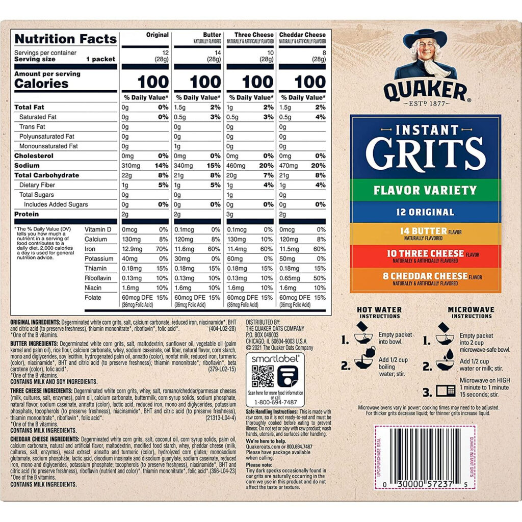 Quaker Instant Grits Variety Pack 44 Pack 4 Flavors 0 98oz Packets