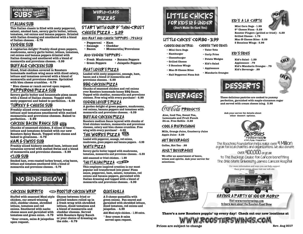 Roosters Menu In Waverly Ohio USA