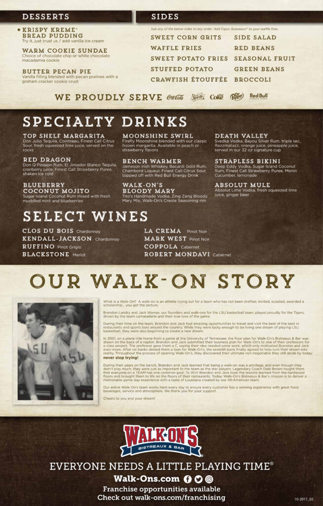 Walk On s Sports Bistreaux Viera Restaurant Menu In Melbourne 