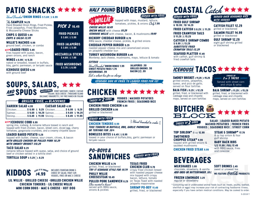 Willie s Grill Icehouse Menu In Spring Texas USA